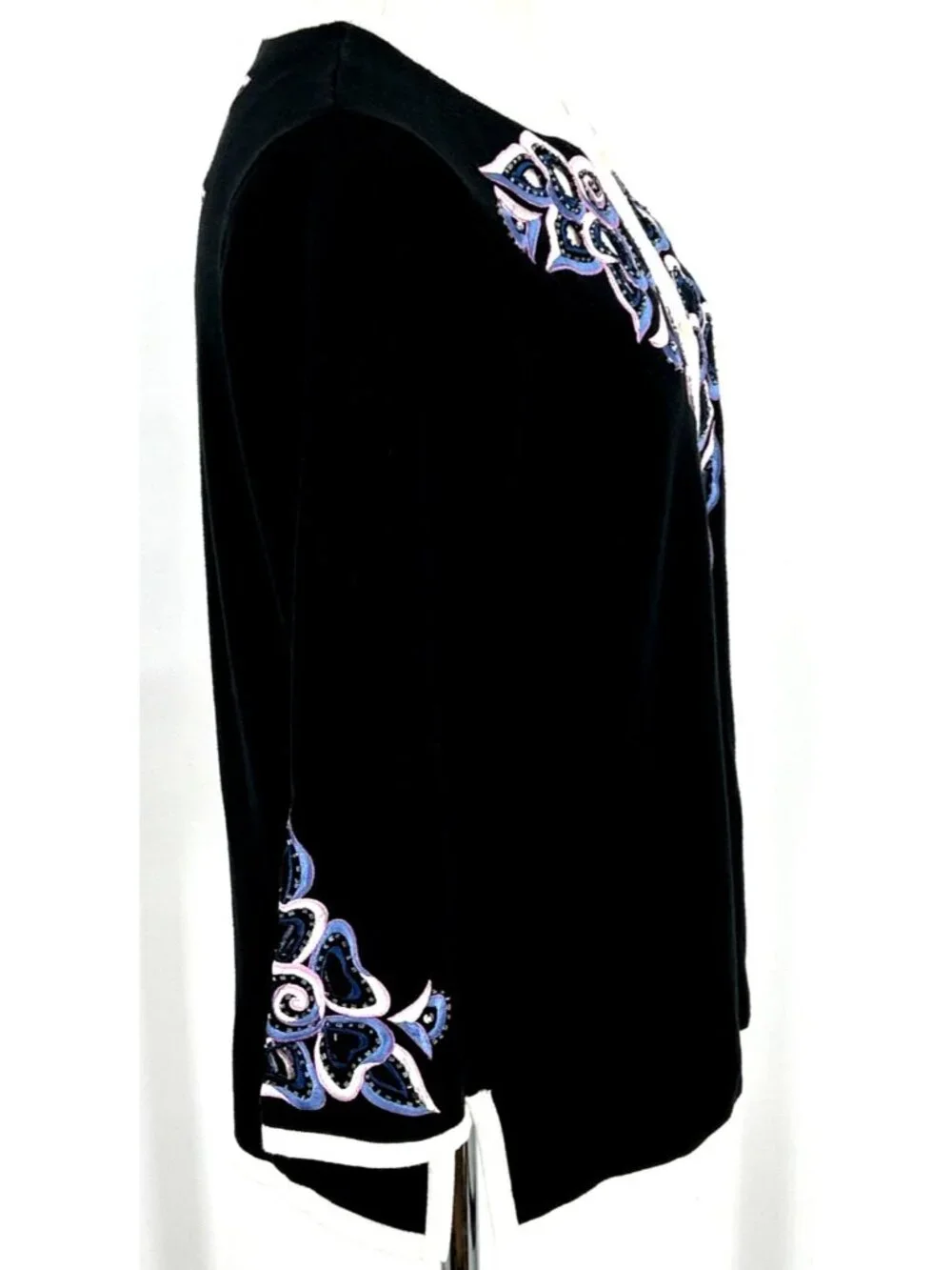 Bob Mackie Wearable Art Cardigan Sz S Sweater Black Embroidered Cut Out - Picture 4 of 7